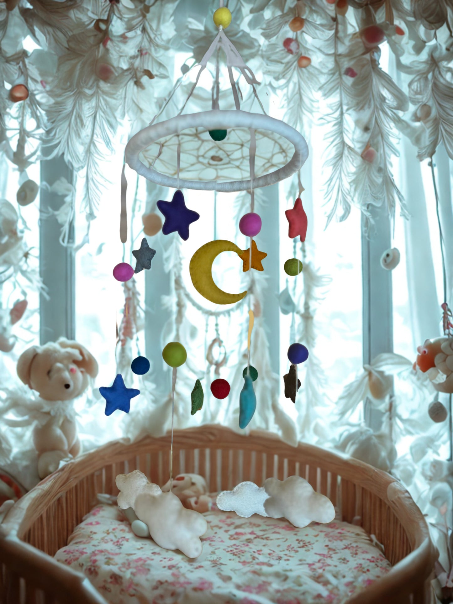 Handmade Felt Cot Mobile – Rainbow and Cloud Design